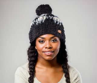 Pom Satin Lined Winter Hat -  Buffalo Plaid  in Black, Gray, and White
