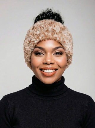 Faux Fur Satin Lined Winter Headband in Brown & White