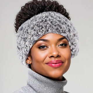 Faux Fur Satin Lined Winter Headband in Gray and Black