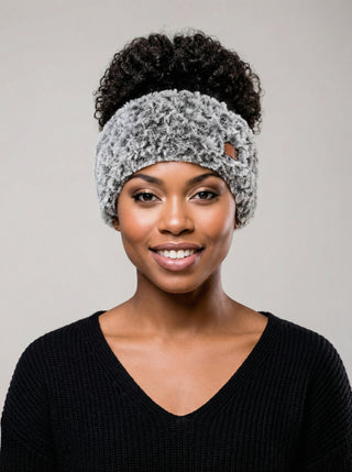 Faux Fur Satin Lined Winter Headband in Black & Gray