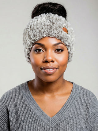 Faux Fur Satin Lined Winter Headband in Gray & White