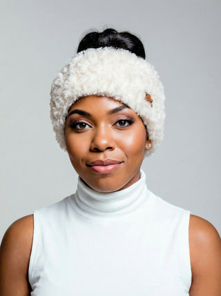 Faux Fur Satin Lined Winter Headband in White