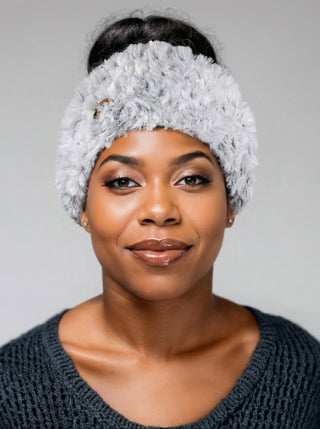 Faux Fur Satin Lined Winter Headband in White & Black