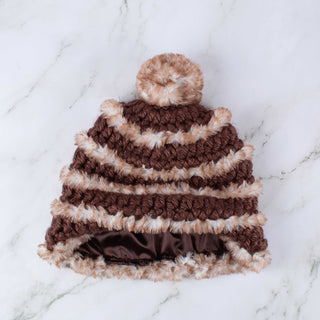 Pom Satin Lined Winter Hat - Faux Fur Trimmed - Brown | White