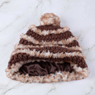 Pom Satin Lined Winter Hat - Faux Fur Trimmed - Brown | White