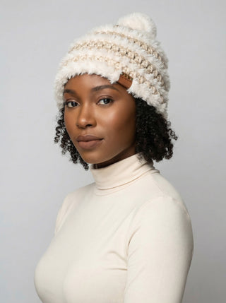 Pom Satin Lined Winter Hat - Faux Fur Trimmed -  Beige | White