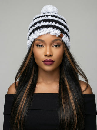 Pom Satin Lined Winter Hat - Faux Fur Trimmed - Black | White