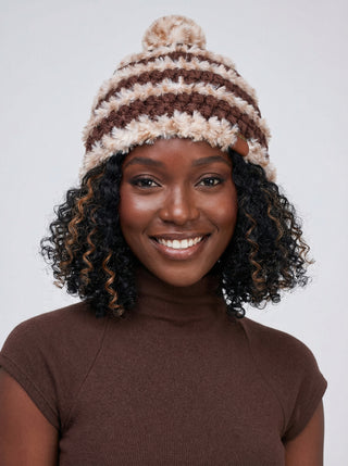 Pom Satin Lined Winter Hat - Faux Fur Trimmed- Brown | White