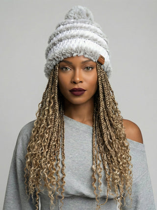 Pom Satin Lined Winter Hat - Faux Fur Trimmed - White | Gray