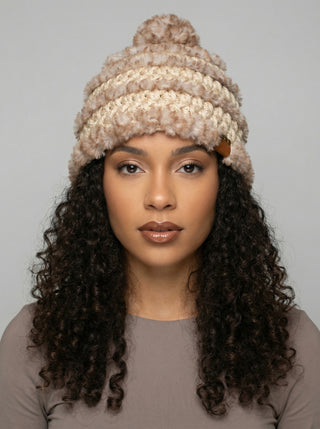 Pom Satin Lined Winter Hat - Faux Fur Trimmed - Beige | Brown