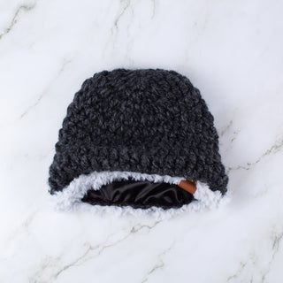 Satin Lined Winter Hat - Faux Fur Trim - Charcoal | White