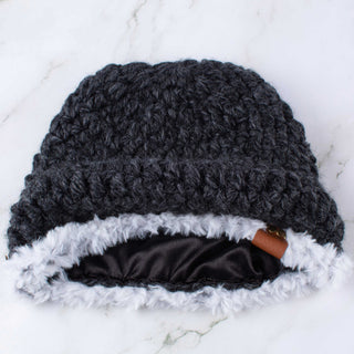 Satin Lined Winter Hat - Faux Fur Trim - Charcoal | White