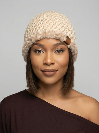 Satin Lined Winter Hat - Faux Fur Trim -  Beige | Brown