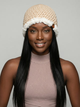 Satin Lined Winter Hat - Faux Fur Trim - Beige | White
