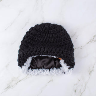 Satin Lined Winter Hat - Faux Fur Trim - Black | White