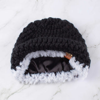 Satin Lined Winter Hat - Faux Fur Trim - Black | White