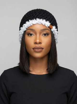 Satin Lined Winter Hat - Faux Fur Trim - Black | White