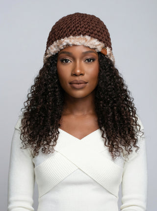 Satin Lined Winter Hat - Faux Fur Trim - Brown