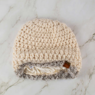Satin Lined Winter Hat - Faux Fur Trim - Cream | Gray