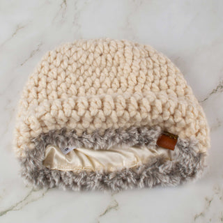 Satin Lined Winter Hat - Faux Fur Trim - Cream | Gray