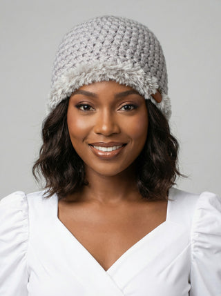 Satin Lined Winter Hat - Faux Fur Trim - Gray