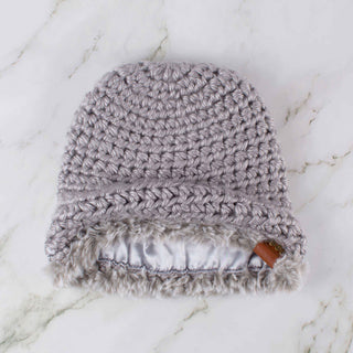 Satin Lined Winter Hat - Faux Fur Trim - Gray