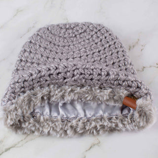 Satin Lined Winter Hat - Faux Fur Trim - Gray