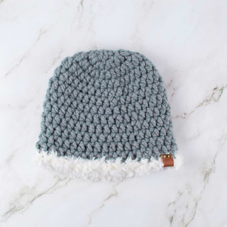 Satin Lined Winter Hat - Faux Fur Trim - Slate | White