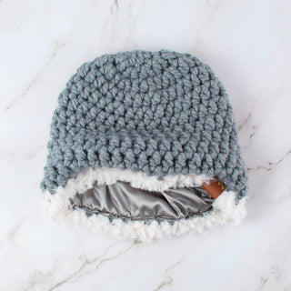 Satin Lined Winter Hat - Faux Fur Trim - Slate | White