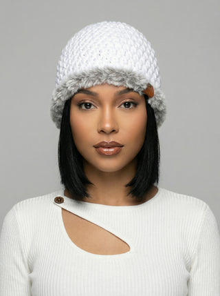 Satin Lined Winter Hat - Faux Fur Trim - White | Gray