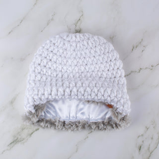 Satin Lined Winter Hat - Faux Fur Trim - White | Gray