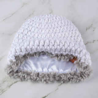Satin Lined Winter Hat - Faux Fur Trim - White | Gray
