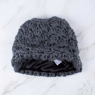 Satin Lined Ponytail Beanie | Messy Bun Hat in Charcoal