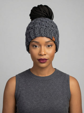 Satin Lined Ponytail Beanie - Messy Bun Hat in Charcoal