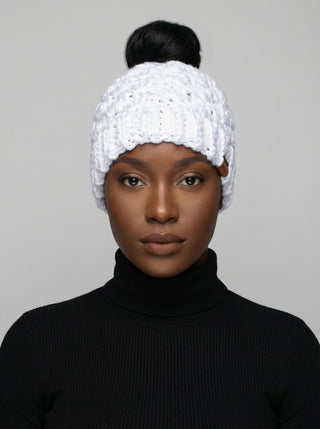 Satin Lined Ponytail Beanie - Messy Bun Hat in White