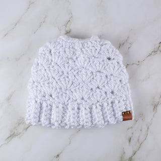 Satin Lined Ponytail Beanie | Messy Bun Hat in White