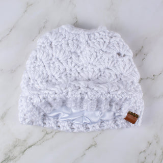 Satin Lined Ponytail Beanie | Messy Bun Hat in White