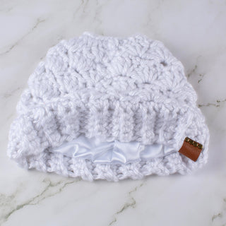 Satin Lined Ponytail Beanie | Messy Bun Hat in White
