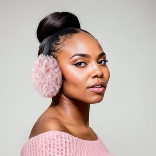 Woman wearing pink faux fur earmuffs.