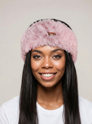 Faux Fur Satin Lined Winter Headband in Pink