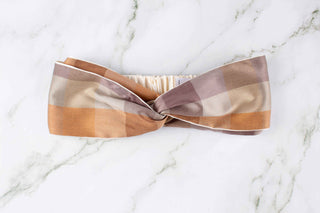 Plaid Silk Turban Headband in Orange, Gray, and Tan