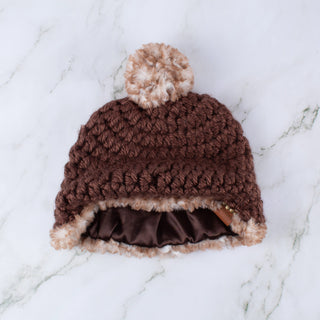 Pom Satin Lined Winter Hat - Faux Fur Trim - Brown | White