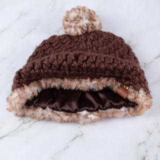 Pom Satin Lined Winter Hat - Faux Fur Trim - Brown | White