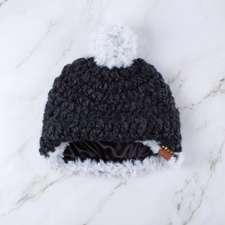 Pom Satin Lined Winter Hat - Faux Fur Trim - Charcoal | White