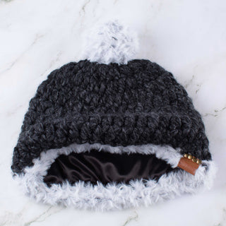 Pom Satin Lined Winter Hat - Faux Fur Trim - Charcoal | White