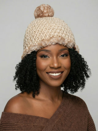 Pom Satin Lined Winter Hat - Faux Fur Trim - Beige | Brown