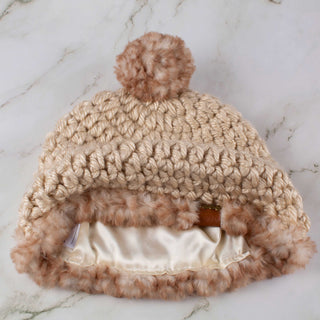Pom Satin Lined Winter Hat - Faux Fur Trim - Beige | Brown
