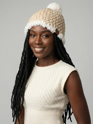 Pom Satin Lined Winter Hat - Faux Fur Trim - Beige | White