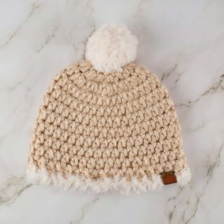 Pom Satin Lined Winter Hat - Faux Fur Trim - Beige | White