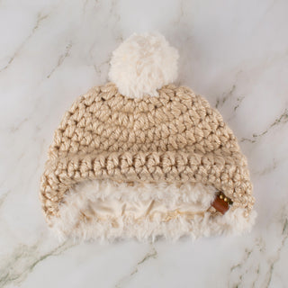 Pom Satin Lined Winter Hat - Faux Fur Trim - Beige | White
